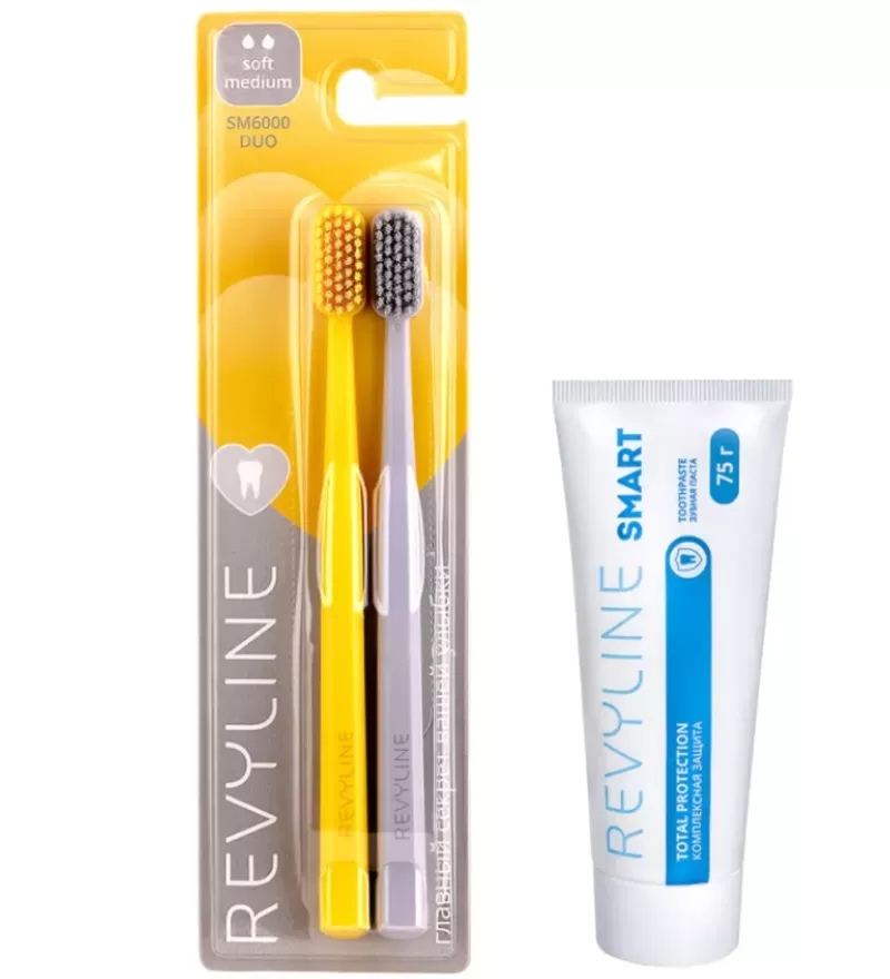 Зубные щетки Revyline SM6000 DUO (желтая и серая) и паста Smart